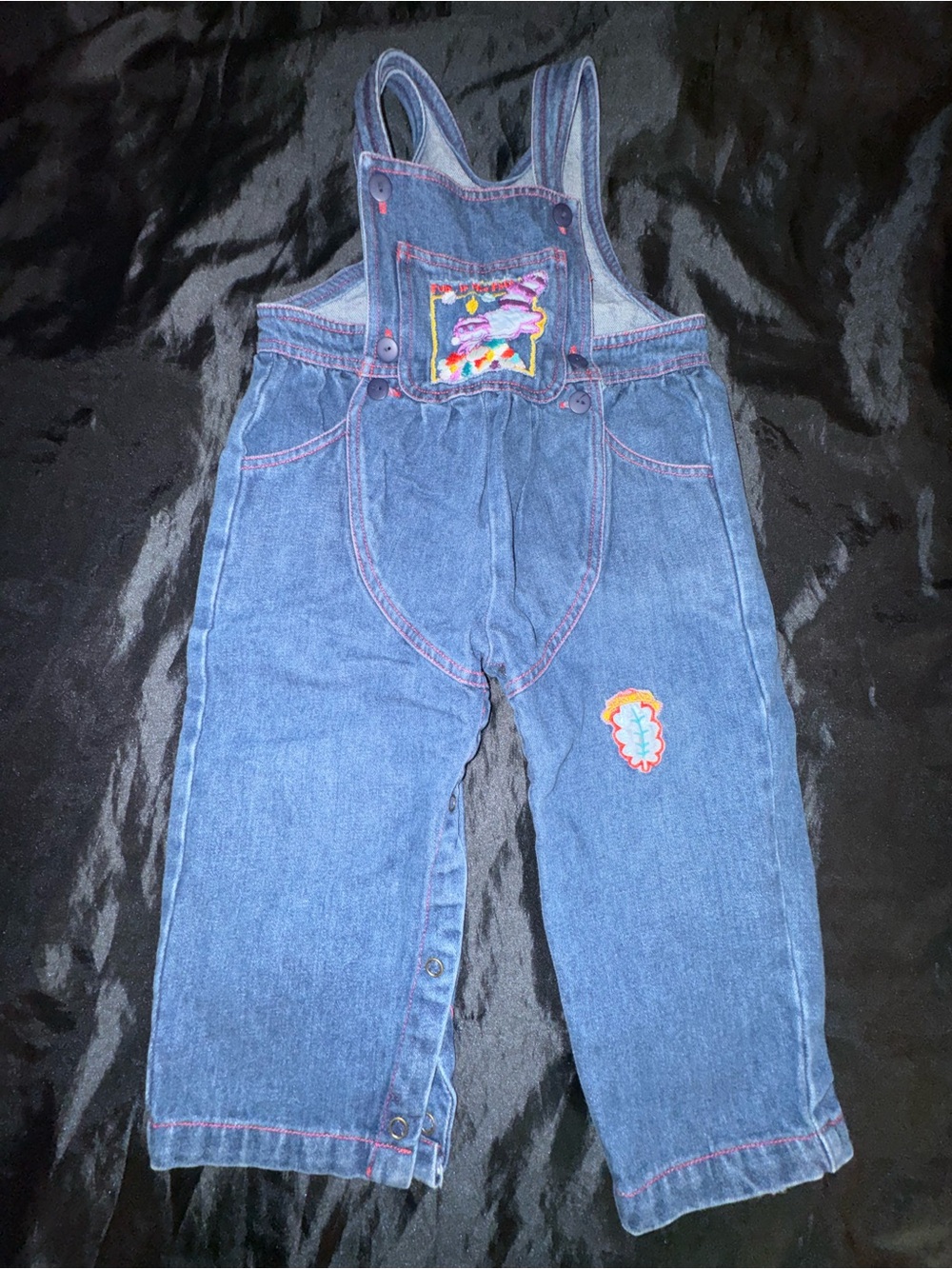 Vintage Okie Dokie Denim Overalls 24M Embroidered Cat Fall Leaves Romper